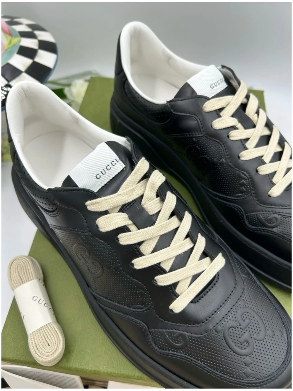 Gucci GG embossed black leather sneakers size 10 fits 10.5 US made Italy